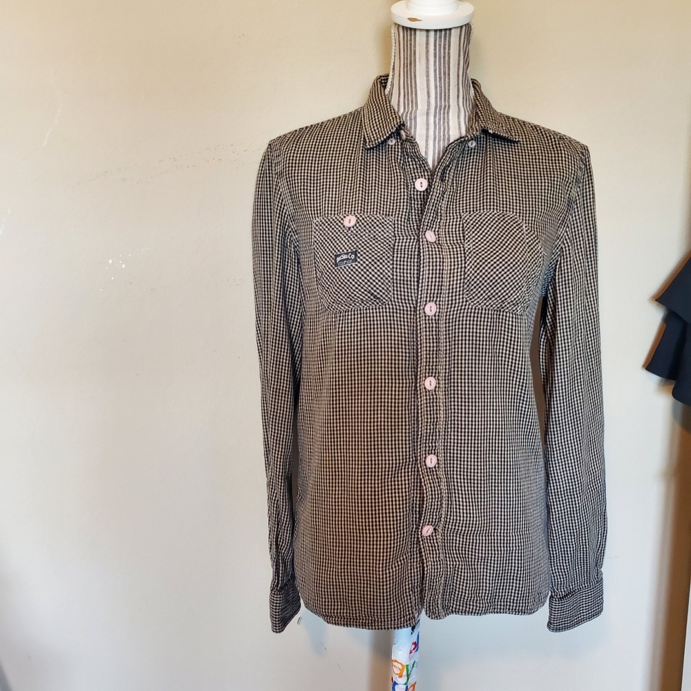 Diesel Co Womens Slim Fit Gingham Button Down Shirt Black White Cotton Size S